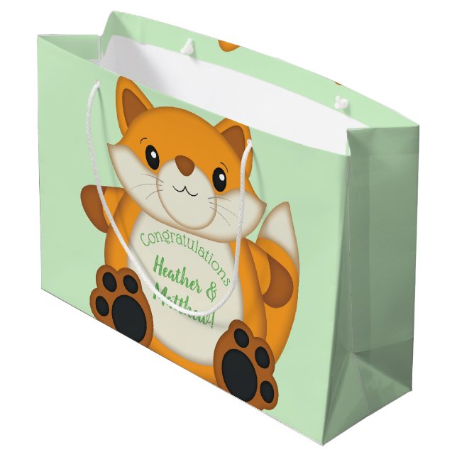 Fox Baby Shower Green Large Gift Bag (Back Angled)