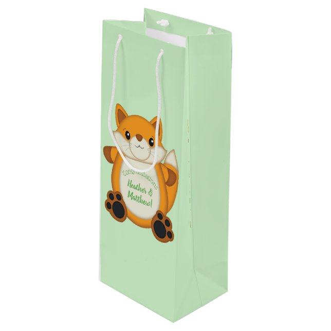 Fox Baby Shower Green Wine Gift Bag (Front Angled)