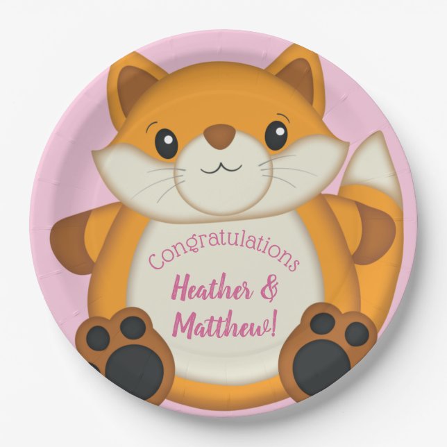 Fox Baby Shower Pink Paper Plate (Front)
