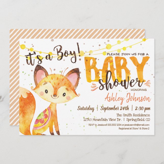 Fox Baby Shower Woodland invitation Boy (Front/Back)