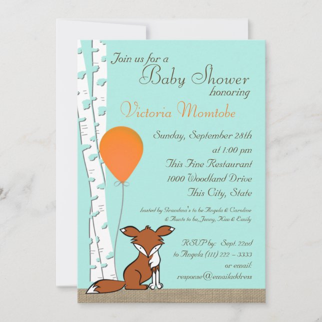 Fox Balloon and Birch Woodland Baby Shower Invitation (Front)