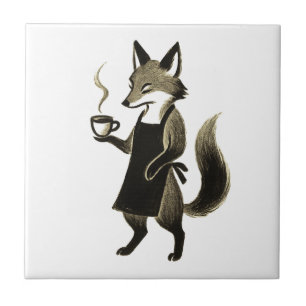 Fox Barista – Minimalist Ink Brush Coffee Time on Ceramic Tile