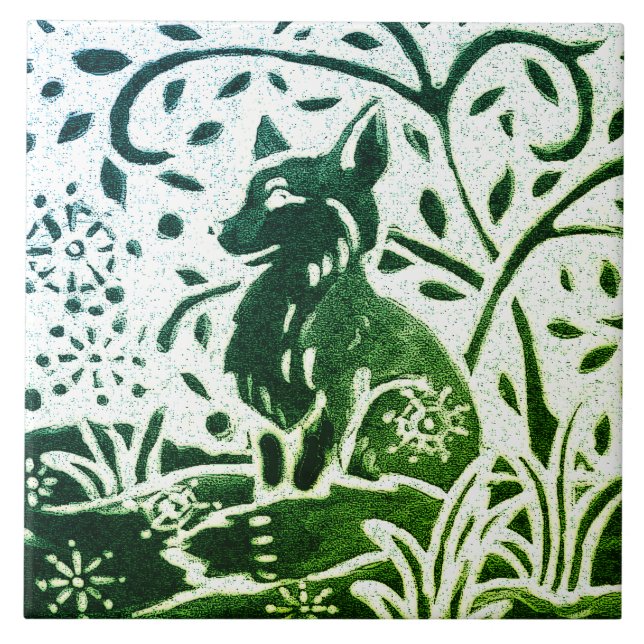 Fox Batik Modern Green Blue Teal Winter Woodland Ceramic Tile (Front)