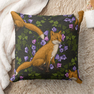 Fox, bellflowers and ivy, green, orange and viole Cushion