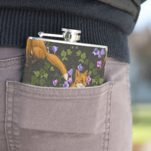 Fox, bellflowers and ivy, green, orange and viole Hip Flask
