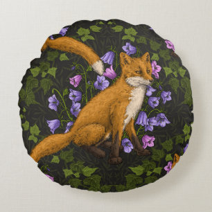  Fox, bellflowers and ivy, green, orange and viole Round Cushion