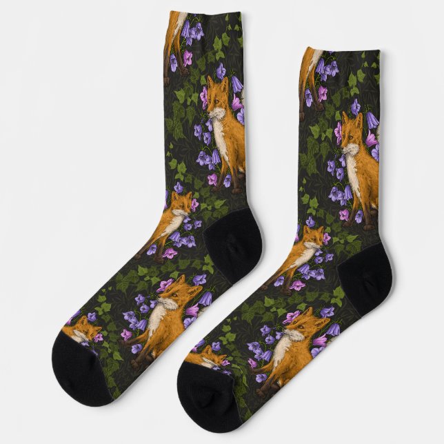  Fox, bellflowers and ivy, green, orange and viole Socks (Left)
