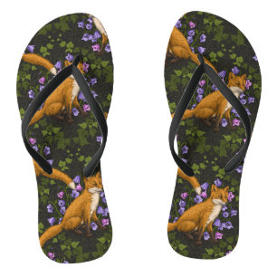 Fox, bellflowers and ivy, green, orange and viole Thongs