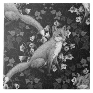 Fox, bellflowers and ivy, monochrome, silver wall Ceramic Tile