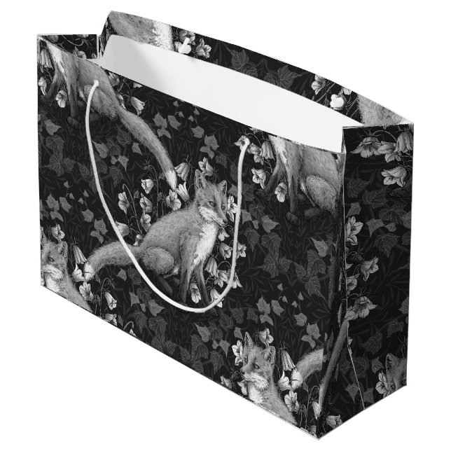  Fox, bellflowers and ivy, monochrome, silver wall Large Gift Bag (Back Angled)