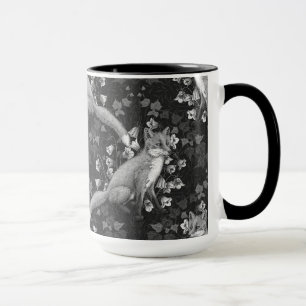 Fox, bellflowers and ivy, monochrome, silver wall Mug