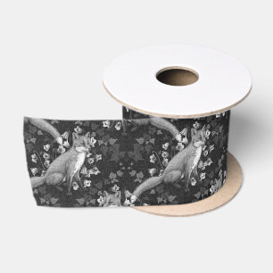 Fox, bellflowers and ivy, monochrome, silver wall Satin Ribbon