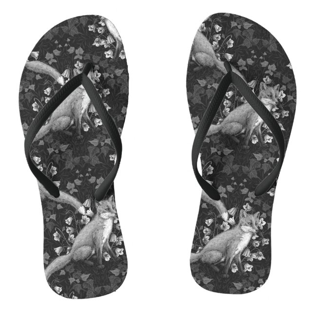  Fox, bellflowers and ivy, monochrome, silver wall Thongs (Footbed)