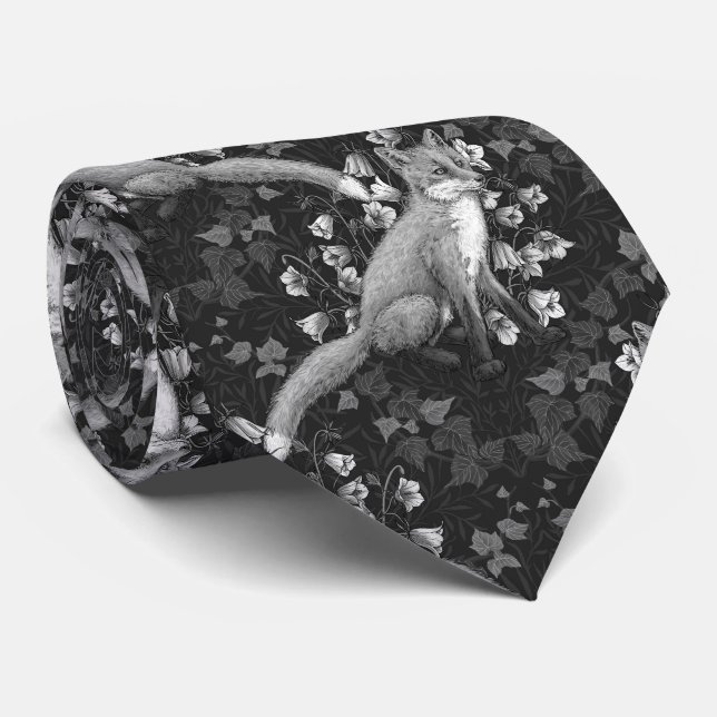  Fox, bellflowers and ivy, monochrome, silver wall Tie (Rolled)