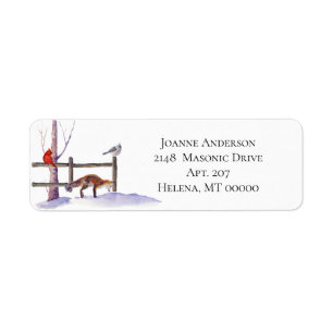 Fox, Birds, Winter Tree, Board Fence, Snow Return Address Label