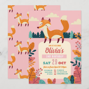 Fox Birthday Party Forest Theme Woods Pink Girl Invitation