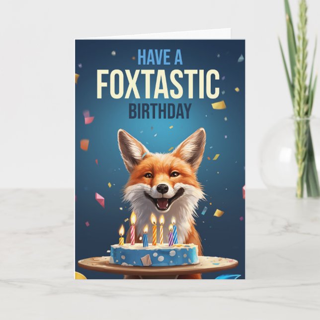 Fox Birthday with Cake Candles and Ticker Tape Thank You Card (Front)