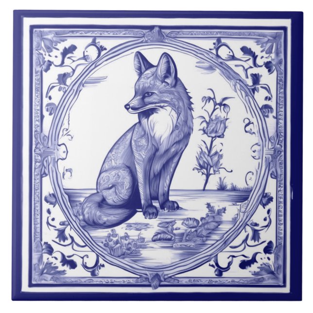 Fox Blue and White Asian Style Folk Animal Art Ceramic Tile (Front)