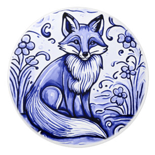 Fox Blue and White Mediterranean Folk Animal Art Ceramic Knob