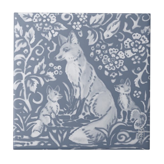 Fox Blue White Botanical Forest Painting Ceramic Tile (Front)