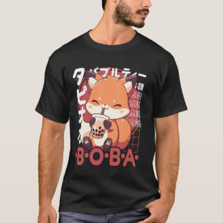 Fox Boba Tea Kawaii Bubble Tea Fox Anime Neko Red  T-Shirt
