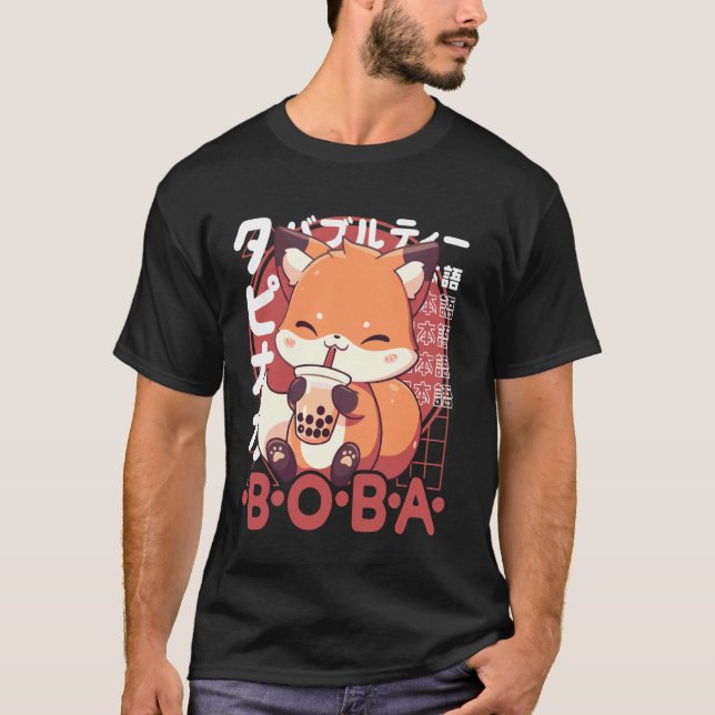 Fox Boba Tea Kawaii Bubble Tea Fox Anime Neko Red  T-Shirt (Front)