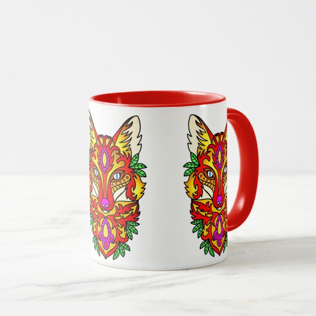Fox boho abstract art bohemian wolf red purple  mug (Front Right)