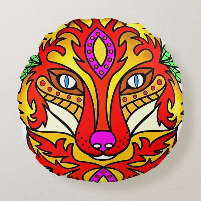 Fox boho abstract art wolf red purple  round cushion (Front)