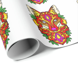 Fox boho abstract art wolf red purple  wrapping paper