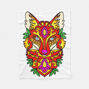 Fox boho wolf abstract art red purple white fleece blanket