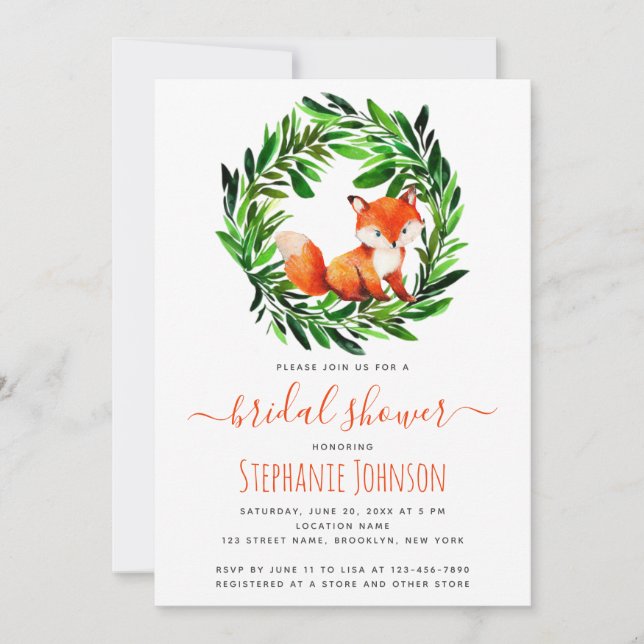 Fox Bridal Shower Cute Watercolor Woodland Foliage Invitation (Front)
