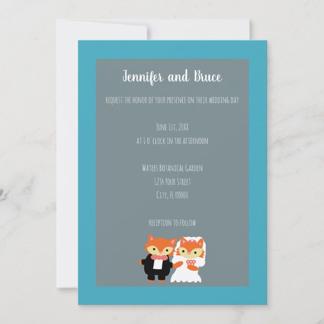 Fox Bride Groom Cute Teal Grey Personalise Wedding Invitation (Front)