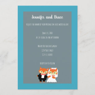 Fox Bride Groom Cute Teal Grey Personalise Wedding Invitation