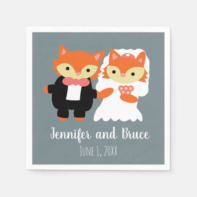 Fox Bride Groom Wedding Grey Cute Personalise Napkin (Front)