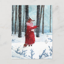 Fox Catching Snowflakes Watercolor Illustration