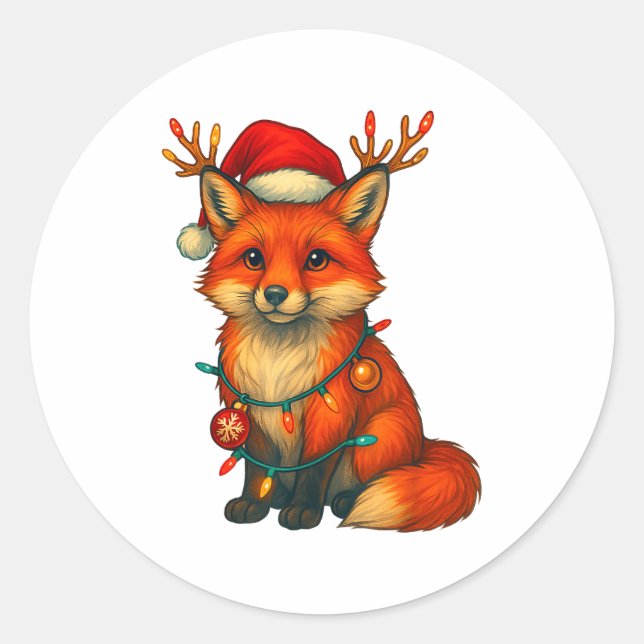 Fox Christmas Lights Xmas  Classic Round Sticker (Front)