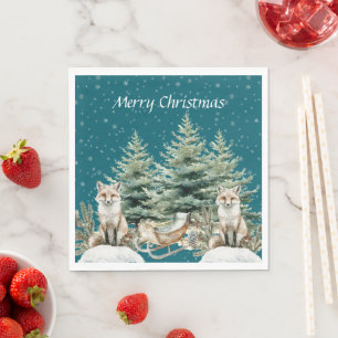 Fox Christmas Tree Sleigh Snowflakes Napkin
