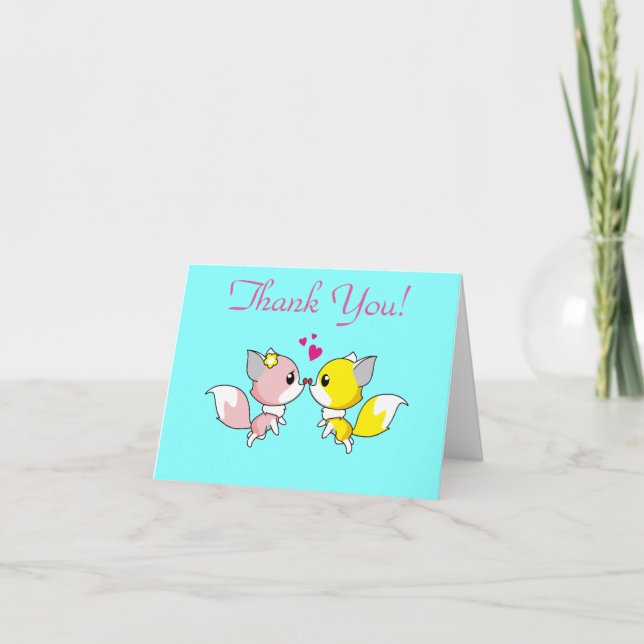 Fox Couple Kissing Wedding Thank You Card (Front)