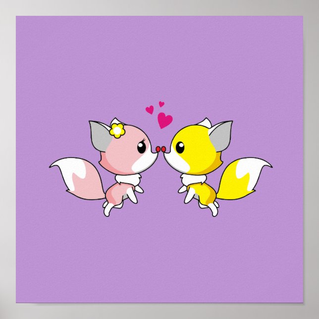Fox Couple Kissing with Little Hearts Overhead Poster (Front)