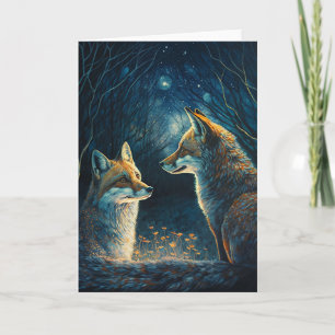 Fox couple, looking at each other by moonlight.  card