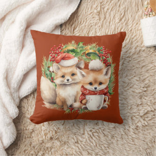 Fox Couple Winter Wreath Christmas Cushion