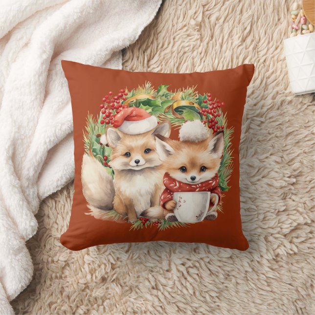 Fox Couple Winter Wreath Christmas Cushion (Blanket)