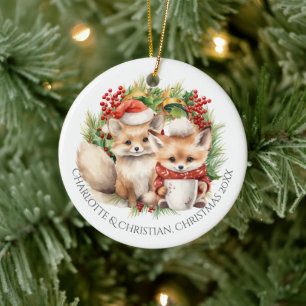 Fox Couple Winter Wreath Christmas Personalised Ceramic Ornament
