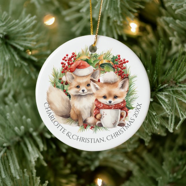 Fox Couple Winter Wreath Christmas Personalised Ceramic Ornament (Tree)