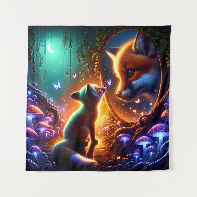 Fox Cub and His Majestic Reflection Tapestry (Front)