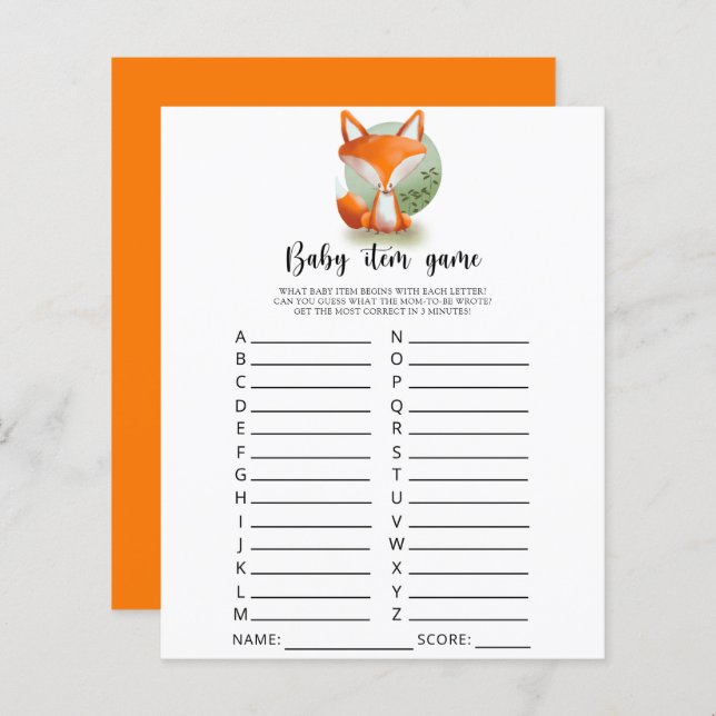 Fox cub Baby Item Game. Baby Shower Game (Front/Back)