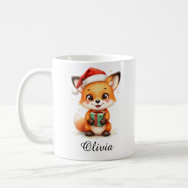 Fox Cub in Santa Hat Custom Name Mug (Left)