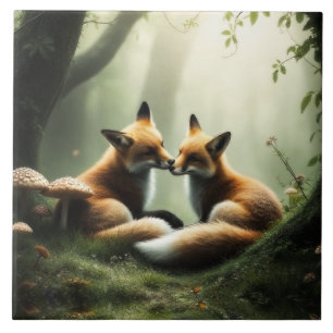 Fox Cuddle in Misty Forest Ceramic Tile