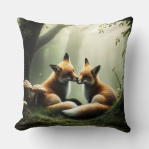 Fox Cuddle in Misty Forest Cushion