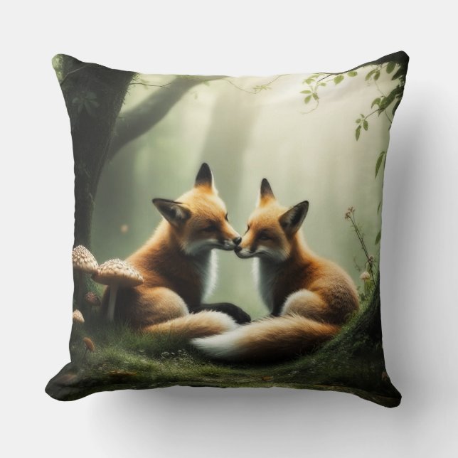 Fox Cuddle in Misty Forest  Cushion (Front)